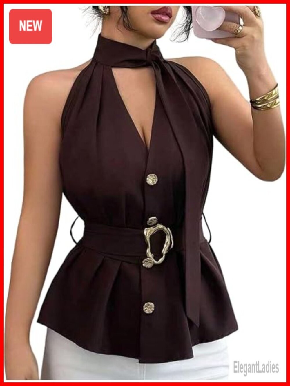 Elegant Halter Top Deep V Neck Button Front Ruffle Hem Peplum Belted Going Out
